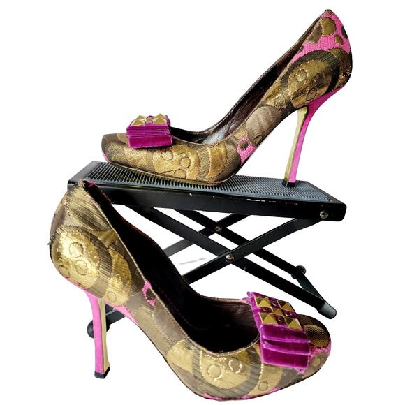 Claudio Merrazi Metallic Gold Pink Studded Heels Size 39 US 8 Italian Glam - Picture 1 of 16